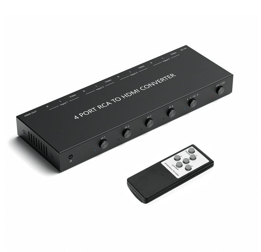 LVY - Convertidor RCA a HDMI de 4 puertos, compatible con 720/1080P, conmutador 16:9/4:3 compatible con Wii, N64, PS2, PS3, VHS, VCR, reproductores de DVD (4 entradas AV, 1 salida HDMI)