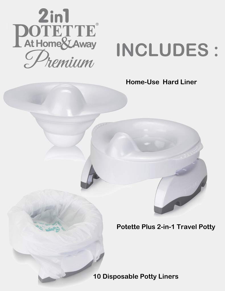 Kalencom Potette Plus Premium: Potty de Viaje Portátil con Liner Reutilizable y 10 Liners Desechables. 2-en-1: Potty y Anillo de Entrenamiento. Blanco