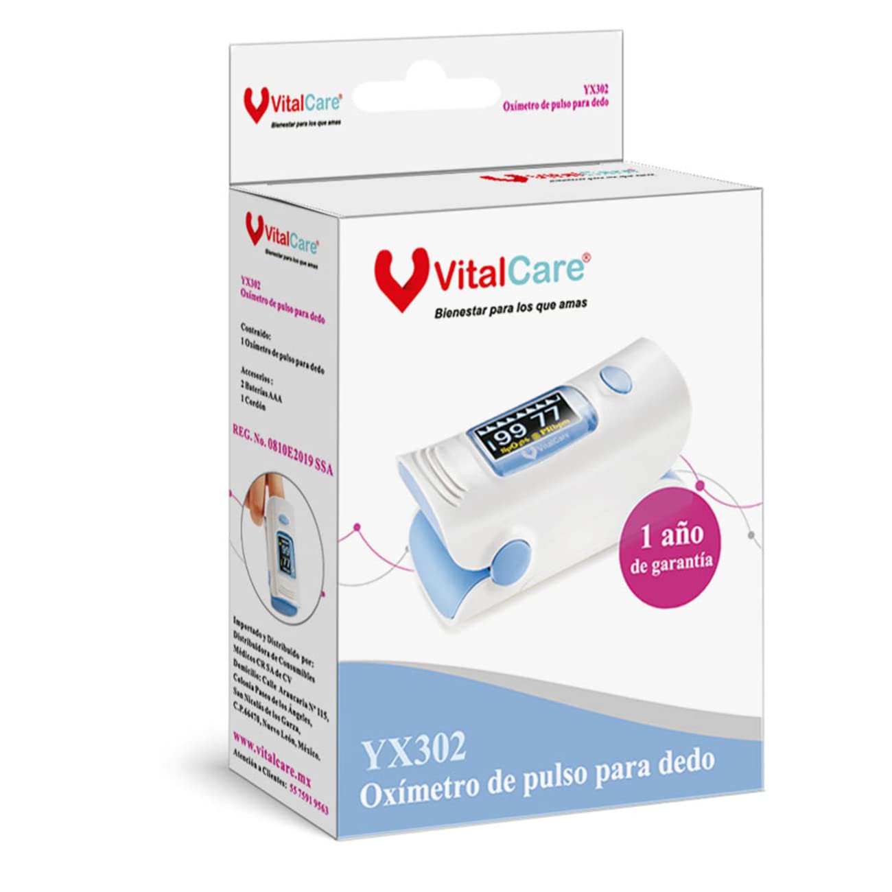 Oxímetro de Pulso VitalCare YX302 OLED 4 Direcciones Curva Pletismográfica Preciso Rápido Adultos Niños