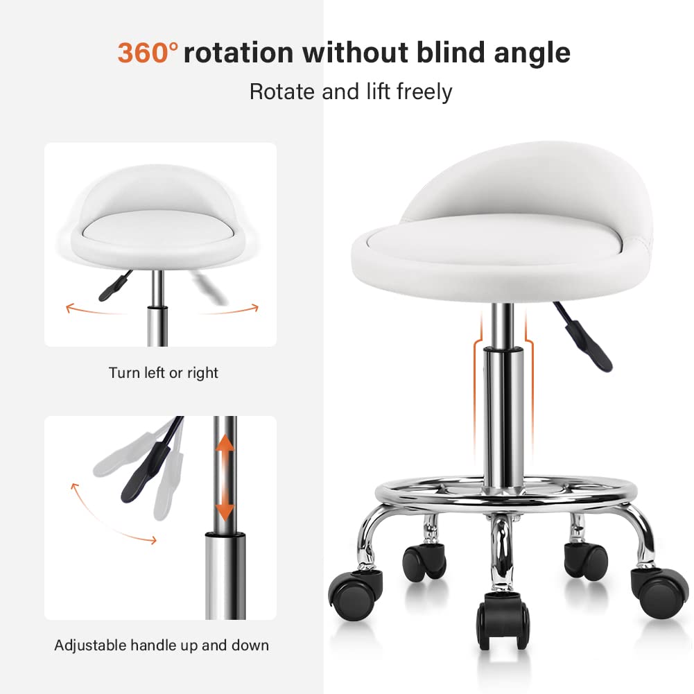 KKTONER Taburete de Cuero Artificial con Respaldo Giratorio Bancos con Ruedas de Altura Ajustable con Ruedas para Pintar Tatuaje Masaje SPA Tienda Taburete de Trabajo con Pedal(Blanco)