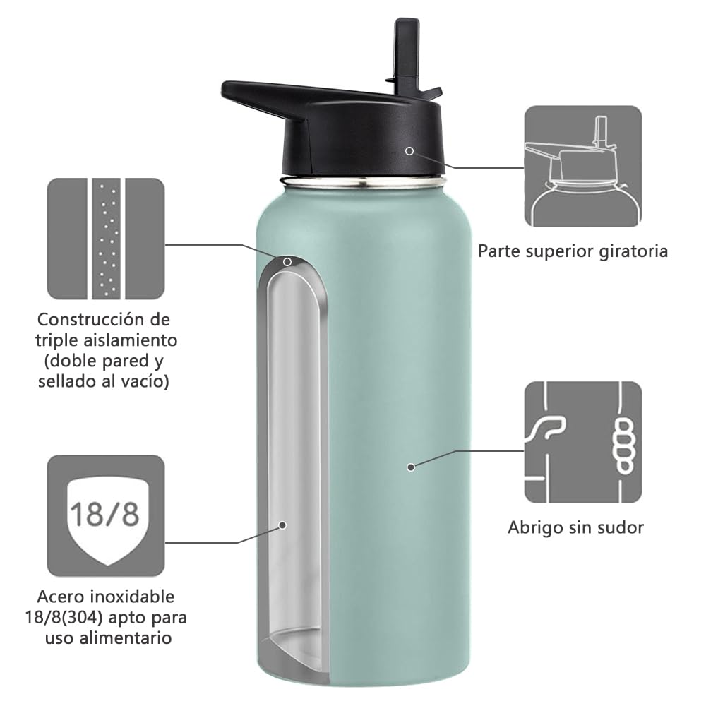 Free Wolf 40OZ Termo de Acero Inoxidable A Prueba de Fugas Con 3 Tapas y Asa, Doble Aislamiento Térmico para 24 Horas de Agua Fría y 12 Horas de Caliente