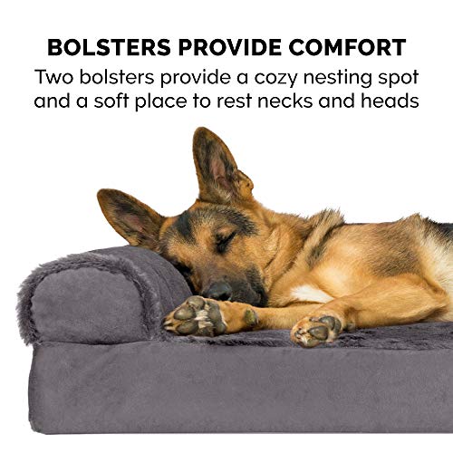 Furhaven XXL Orthopedic Dog Bed Plush & Velvet L Shaped Chaise w/Removable Washable Cover - Platinum Gray, Jumbo Plus (XX-Large)