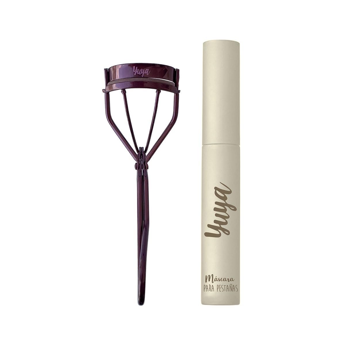YUYA Luz Cálida - Set Enchinador de Pestañas Borgoña + Máscara 10 Aceites Naturales 10 g | Pestañas Largas, Curvatura Natural, Volumen y Definición | Cepillo de Silicón, Rizado Uniforme, Larga Duración y Acabado Profesional
