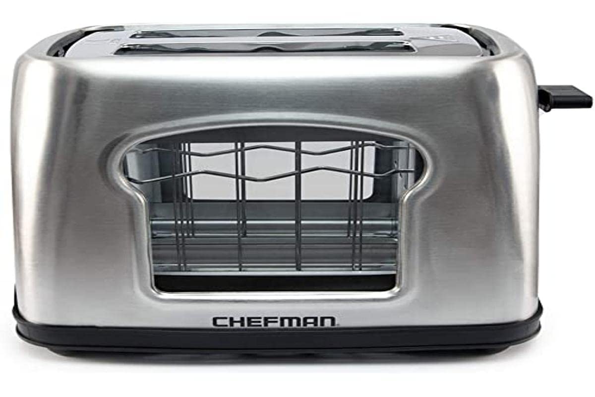 Chefman | Tostador de pan | Doble ranura extra ancha para tostar panecillos, waffles, bagels y panes finos | Siete configuraciones de tostado | Ventana de cristal | Acero Inoxidable