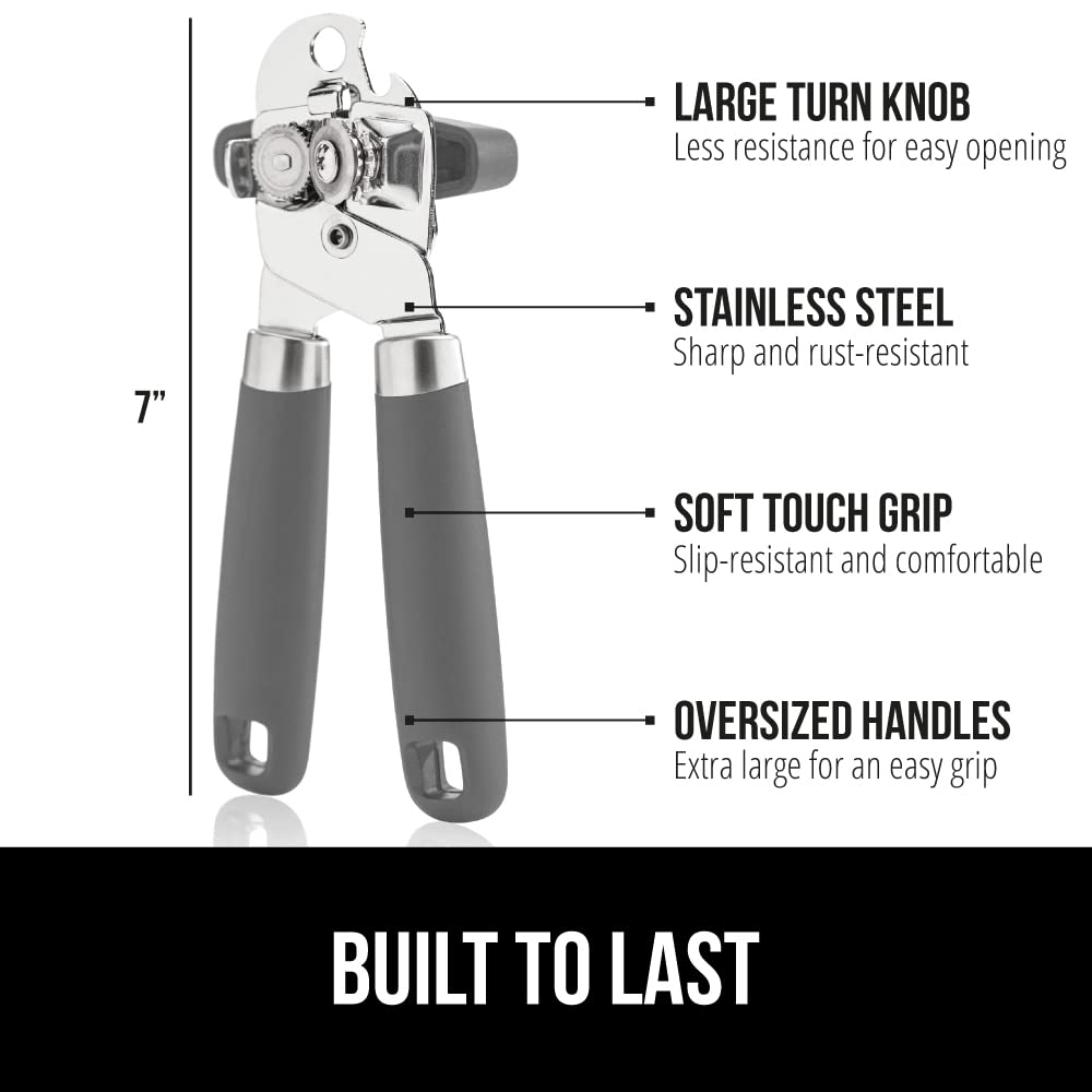 Gorilla Grip Abrelatas manual de mano de acero inoxidable resistente con borde liso con mango suave al tacto, a prueba de óxido, perilla de mano fácil giro, el mejor abridor de tapa grande para cocina, gris