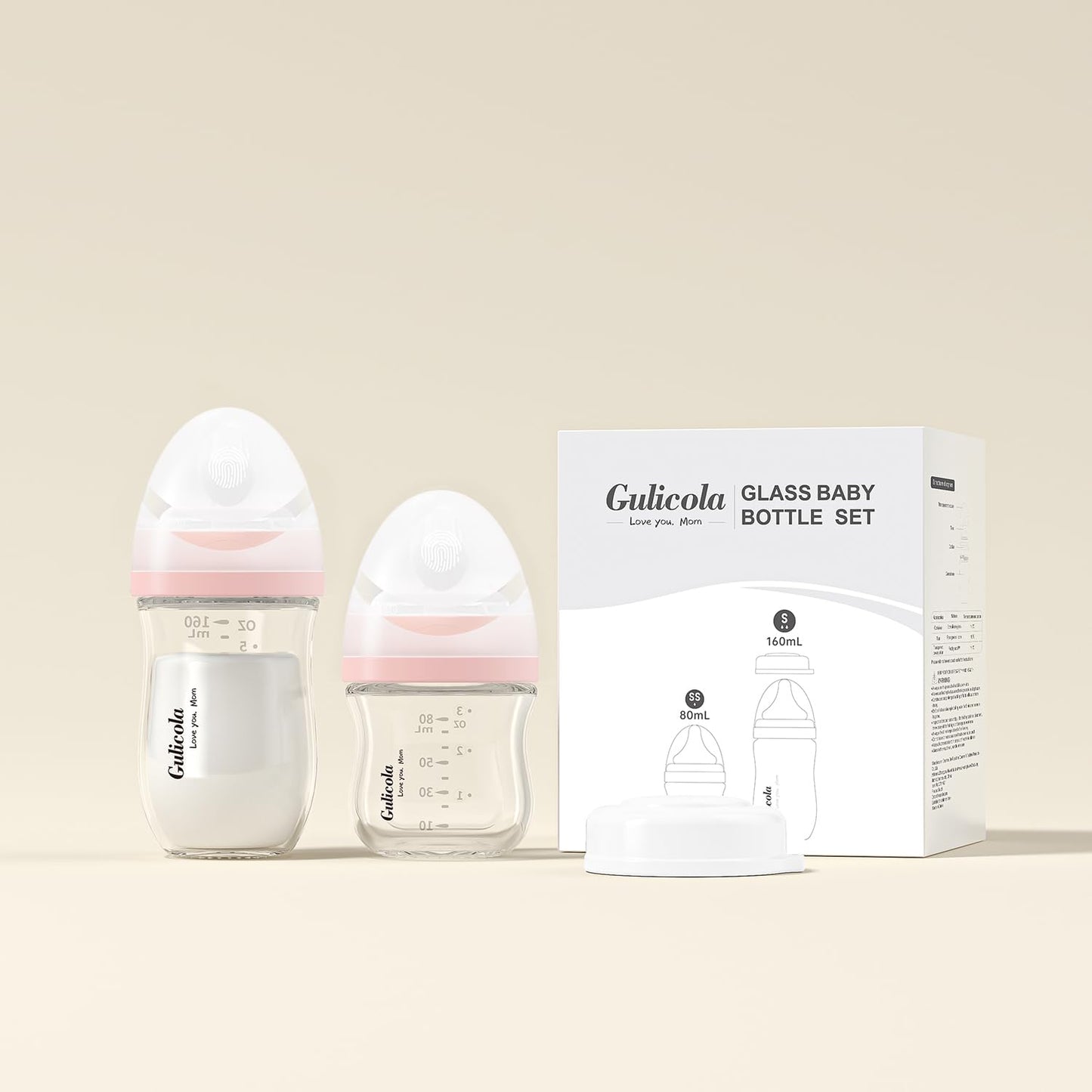 Gulicola - Juego de biberones de vidrio natural para recién nacido, 3 onzas y 5 onzas con flujo extra lento y pezón de flujo lento, anticólicos, 0-3 meses, paquete de 2 unidades, color rosa