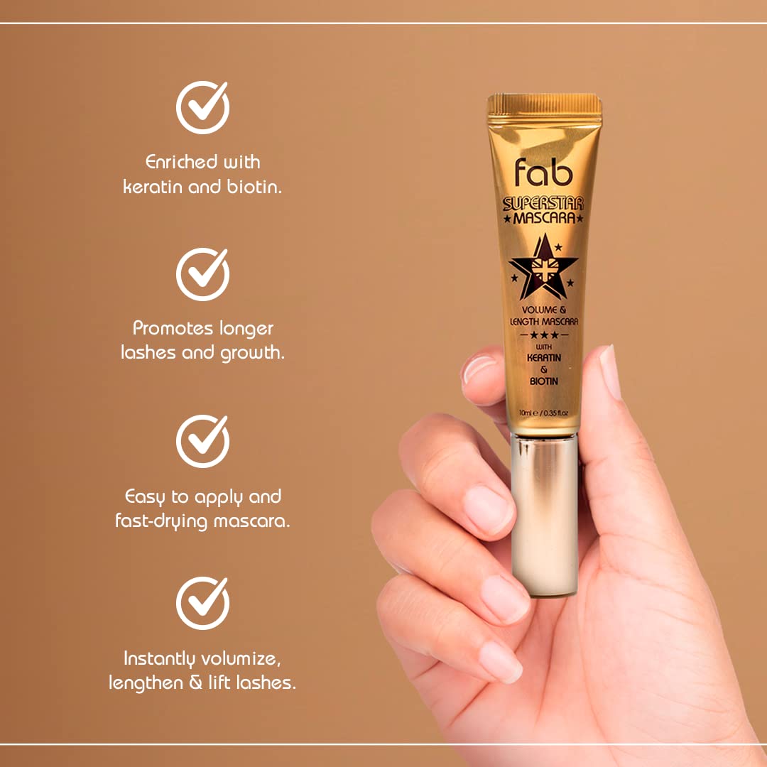 Fab Brows- Fab Superstar Mascara: Máscara de Pestañas Voluminizadora Resistente al Agua y con Efecto Lifting: Máscara de Pestañas Líquida Negra