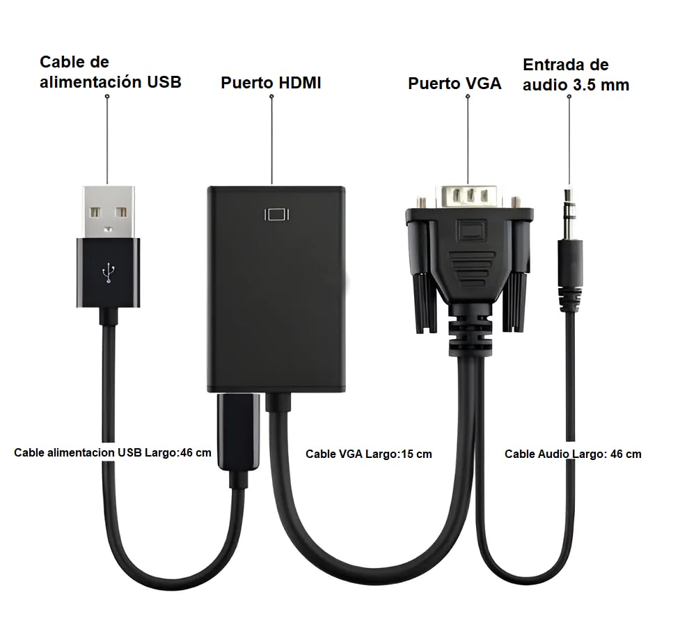 APICH Convertidor Vga A Hdmi Video + Audio, Adaptador Vga A Hdmi Video + Audio 1080p