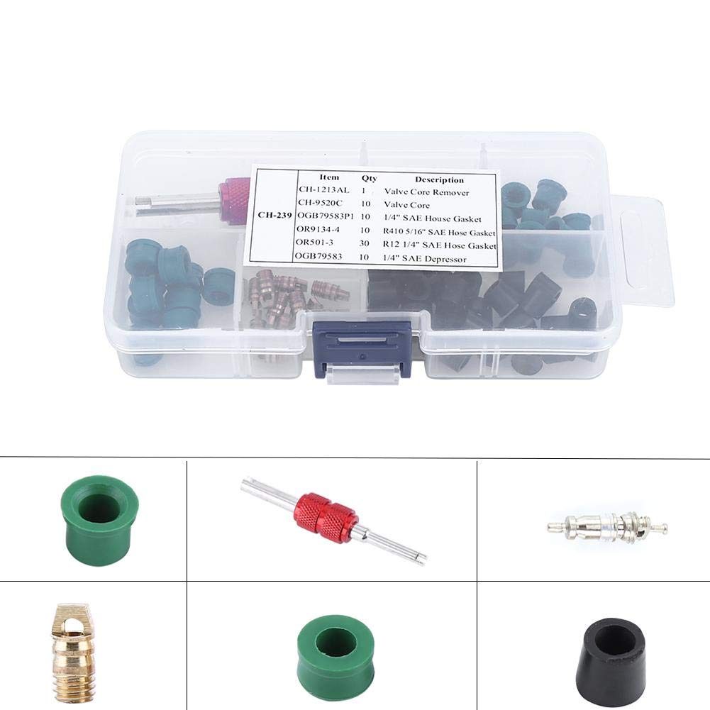 FTVOGUE 71pcs Herramienta de reparación del Kit de reparación de Aire Acondicionado 10pcs núcleos de válvula + 50pcs Juntas de Manguera + 10pc válvulas con Caja de Almacenamiento
