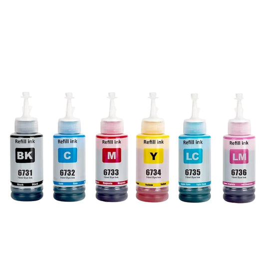 LizzVicc Pack de Tinta Genérica para Epson 673 / T673 – 2 Botellas Negras + 1 Cian, 1 Magenta, 1 Amarillo, 1 Cian Claro y 1 Magenta Claro (70 ml c/u) – Compatible con L800, L805, L810, L850, L1800