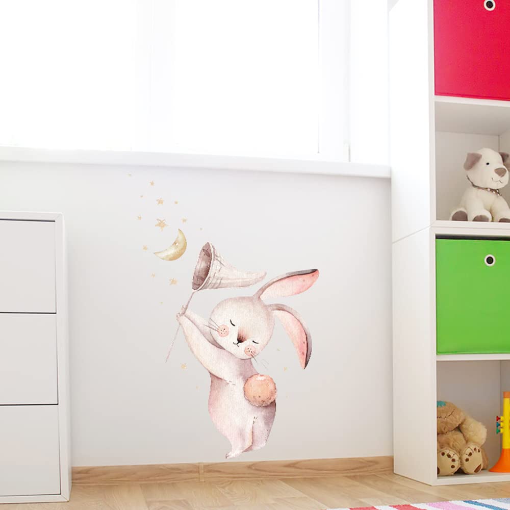 Wland Calcomanías de pared de vinilo extraíbles de 17.3 x 25.6 pulgadas, diseño de conejo, acuarela, conejo, luna, estrellas, globo, para decoración de habitación de niños, habitación del bebé, dormitorio de bebé y niña