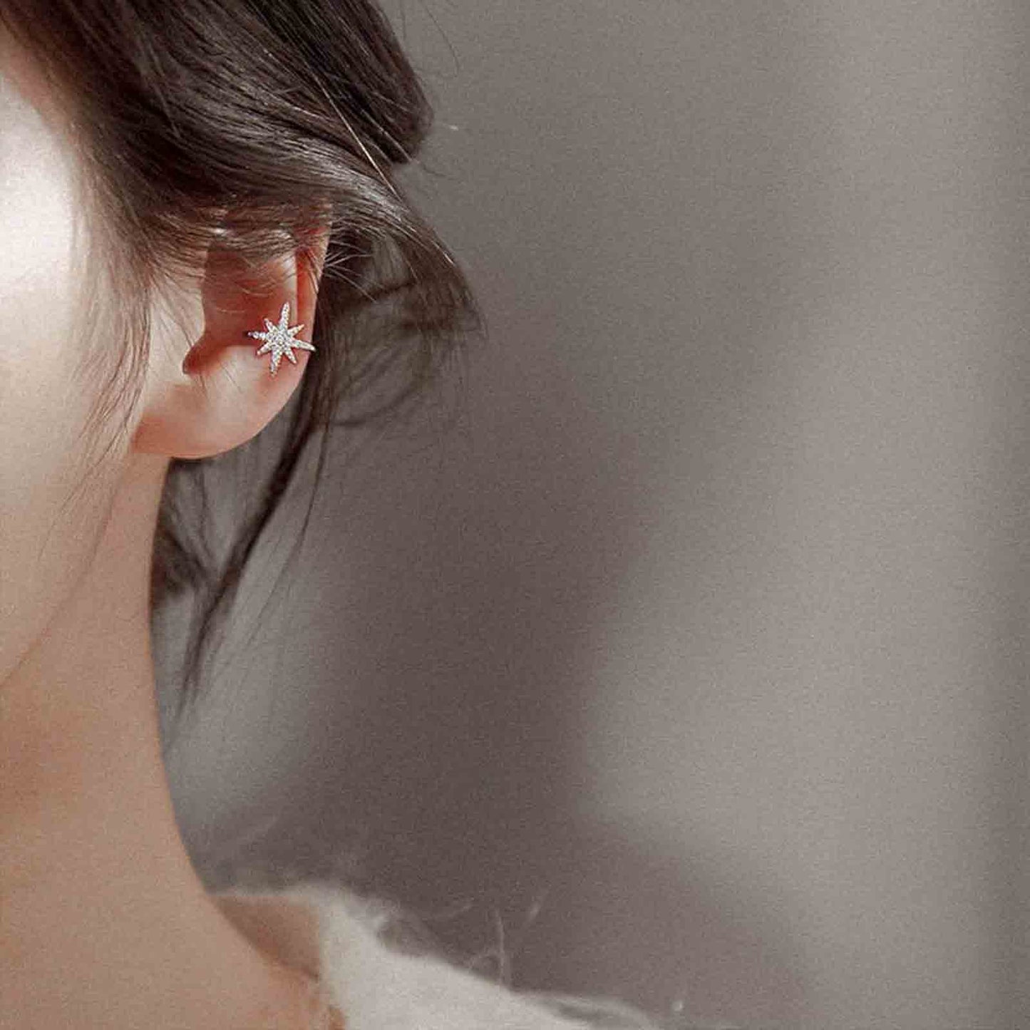Yheakne Boho Northstar - Pendientes de plata con diseño de estrella pavimentada para cartílago, pendientes pequeños sin perforar, joyería para mujeres y niñas (plata)