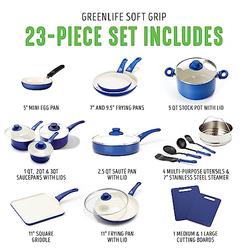 GreenLife - Juego de 23 ollas y cacerolas de cocina de agarre suave, de cerámica saludable, antiadherente, PFAS y última intervensión de PFOA, apto para lavaplatos y horno, calentamiento uniforme,