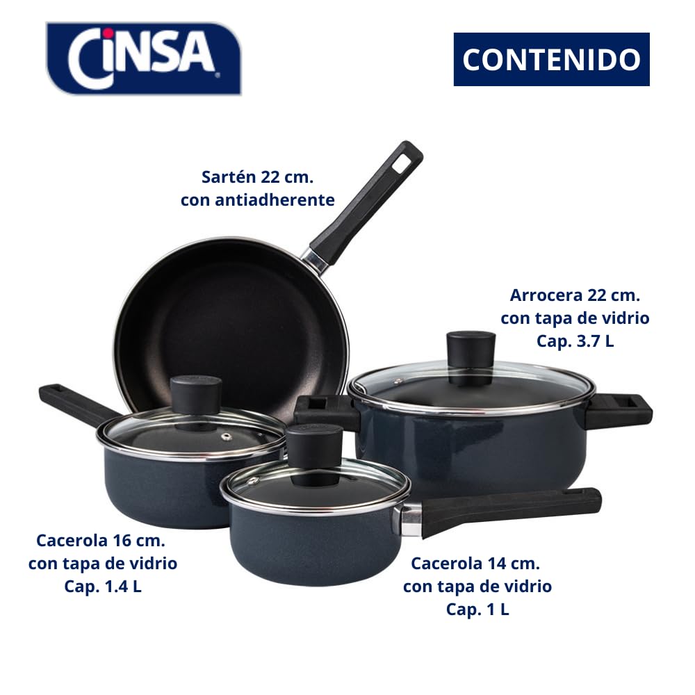 Cinsa Batería de Cocina San Miguel 7 piezas, peltre pesado con antiadherente, tapas de vidrio templado, estufa de inducción, Azul Marino (San Miguel)