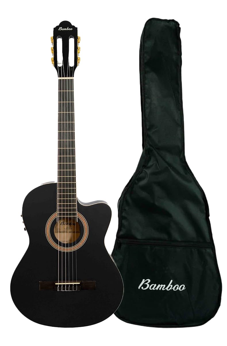 BAMBOO, Guitarra Electroacústica Negro Mate Cuerdas Nylon, mod Balance Con Funda, 39 pulgadas, 4/4, tamano Standard, madera Linden.