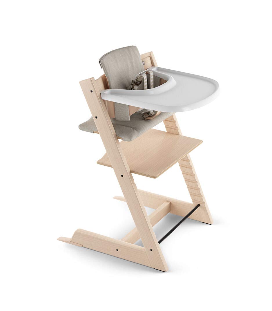 Stokke - Silla alta Tripp Trapp Cojín + Bandeja Stokke (Blanco) - Incluye Silla + Set de Bebé con Arnés Extraíble para Niños de 6 a 36 Meses (Natural)