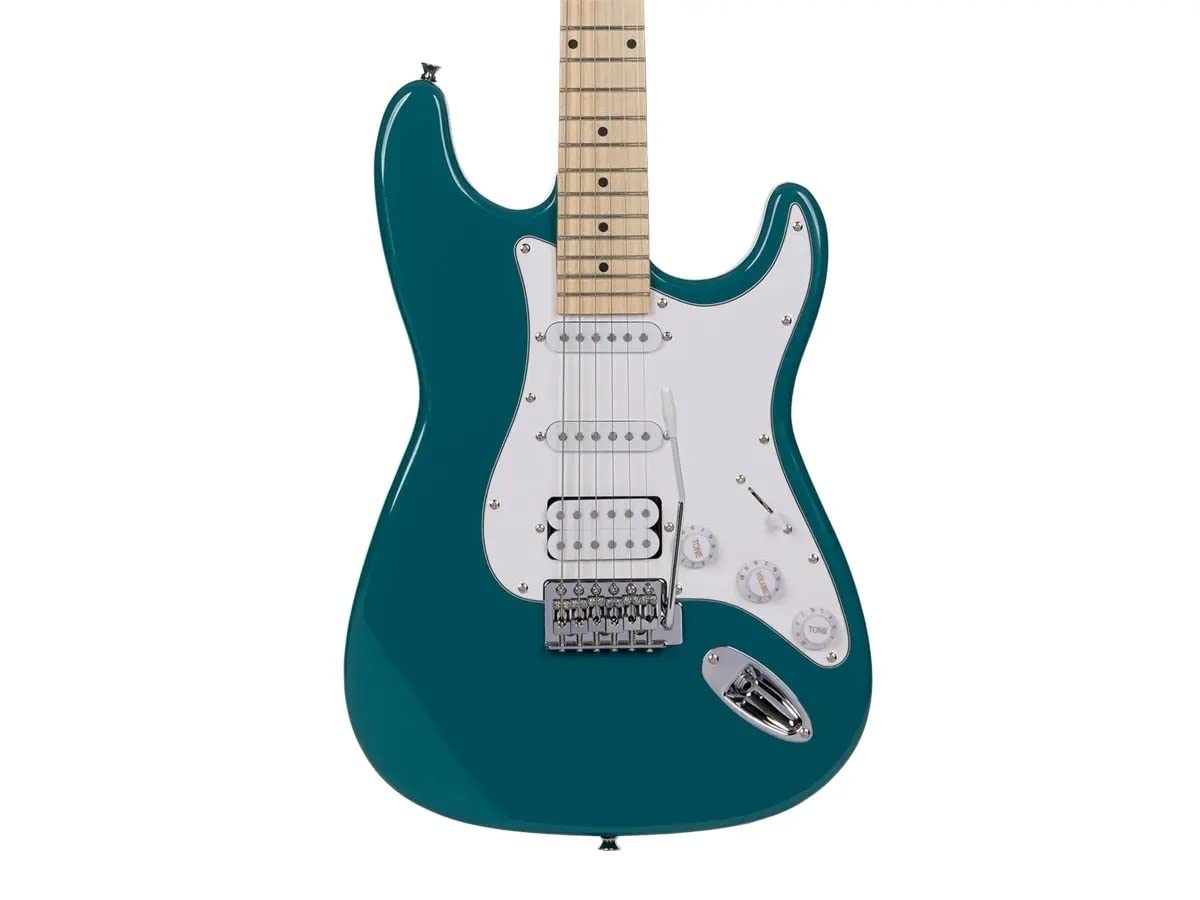 Monoprice Cali Classic HSS Electric Guitar with Gig Bag - Metallic Teal Body, White Pickguard, Maple Fingerboard - Indio Series