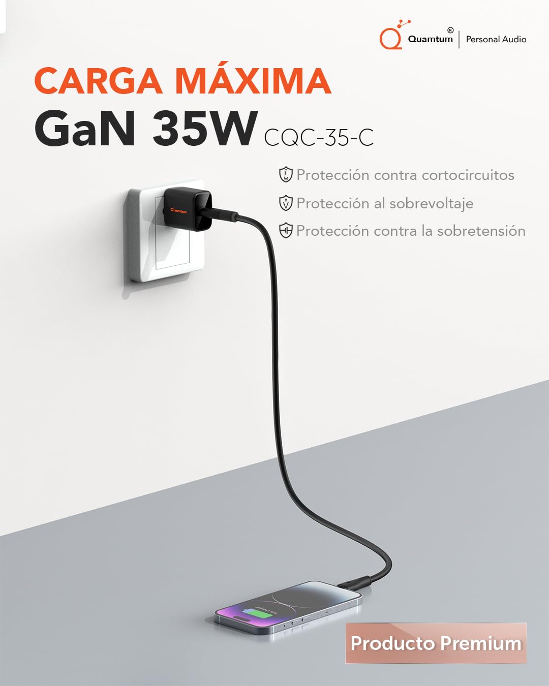 Cargador USB C QUAMTUM PERSONAL AUDIO Blanco Carga Rápida 35W para Galaxy S24/S23/S22, iPhone 16/15/14/13 Pro MAX, MacBook Air, iPad Pro