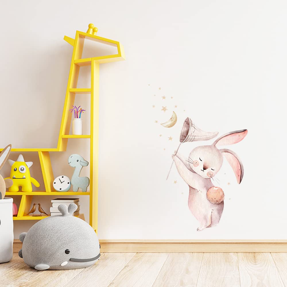 Wland Calcomanías de pared de vinilo extraíbles de 17.3 x 25.6 pulgadas, diseño de conejo, acuarela, conejo, luna, estrellas, globo, para decoración de habitación de niños, habitación del bebé, dormitorio de bebé y niña