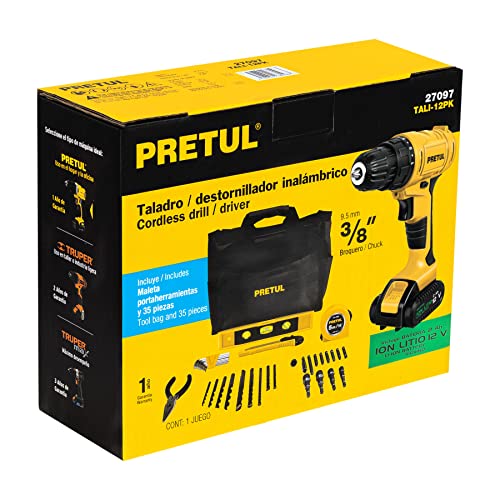 Pretul TALI-12PK, Kit de taladro inalámbrico 3/8", 1 batería Ion Litio 2 Ah, 35 accesorios, 2 velocidades, 12 V