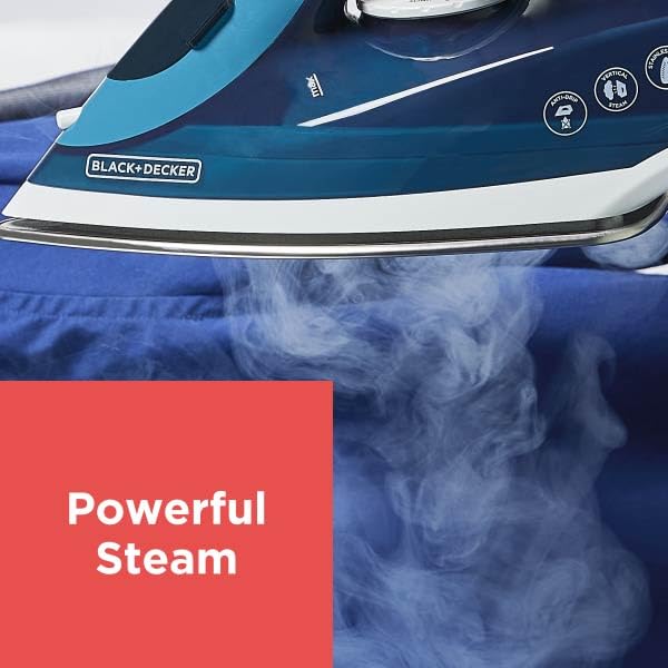BLACK+DECKER - Plancha de vapor para ropa con cable retráctil, vapor vertical, diseño antigoteo, niebla de pulverización y botón de limpieza automática, 1200 W