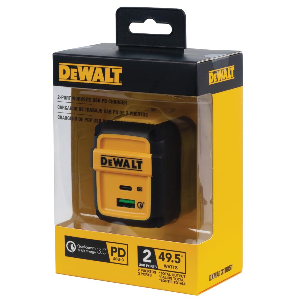 DEWALT 49.5W USB & USB C Charger (Cable Not Included), 2 Port Compact Foldable Fast Charger for iPhone 15/14, Galaxy, Pixel 4/3, iPad - Black & Yellow