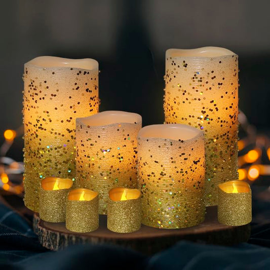 Furora LIGHTING Velas LED sin llama con mando a distancia, juego de 8, funciona con pilares y votivas de cera real, velas LED con llama parpadeante y temporizador, borde dorado…