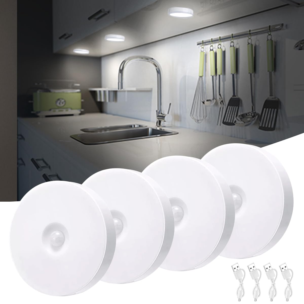 AZHU Luz led con Sensor de Movimiento, 4 Pz Lampara LED Recargable por USB Con Imán, Luces LED para Cocina, Escaleras, Sala, Closet, Estudio(Luz Blanco)
