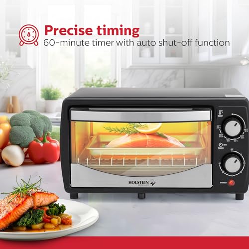 Holstein Housewares - Horno tostador de encimera de 4 rebanadas con temporizador de 60 minutos, incluye bandeja y estante de alambre, perfecto para hornear, asar y tostar, diseño compacto en negro