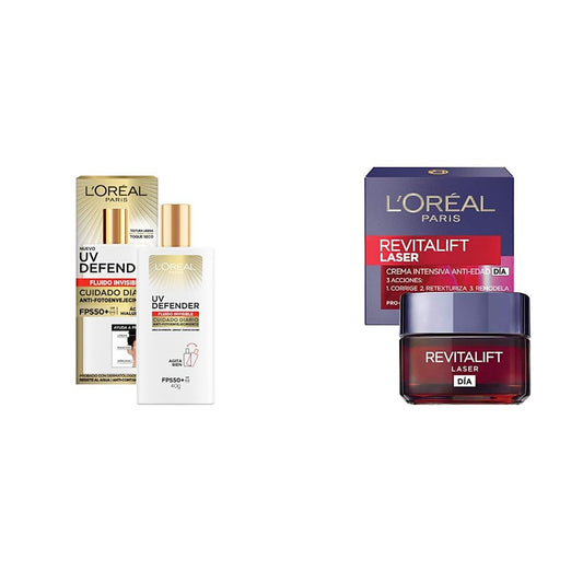 L'Oréal Paris Protector Solar Diario Fluid FPS50+ UV Defender, 40ml + Crema antiarrugas de día Revitalift L'Oréal Paris, 50 ml