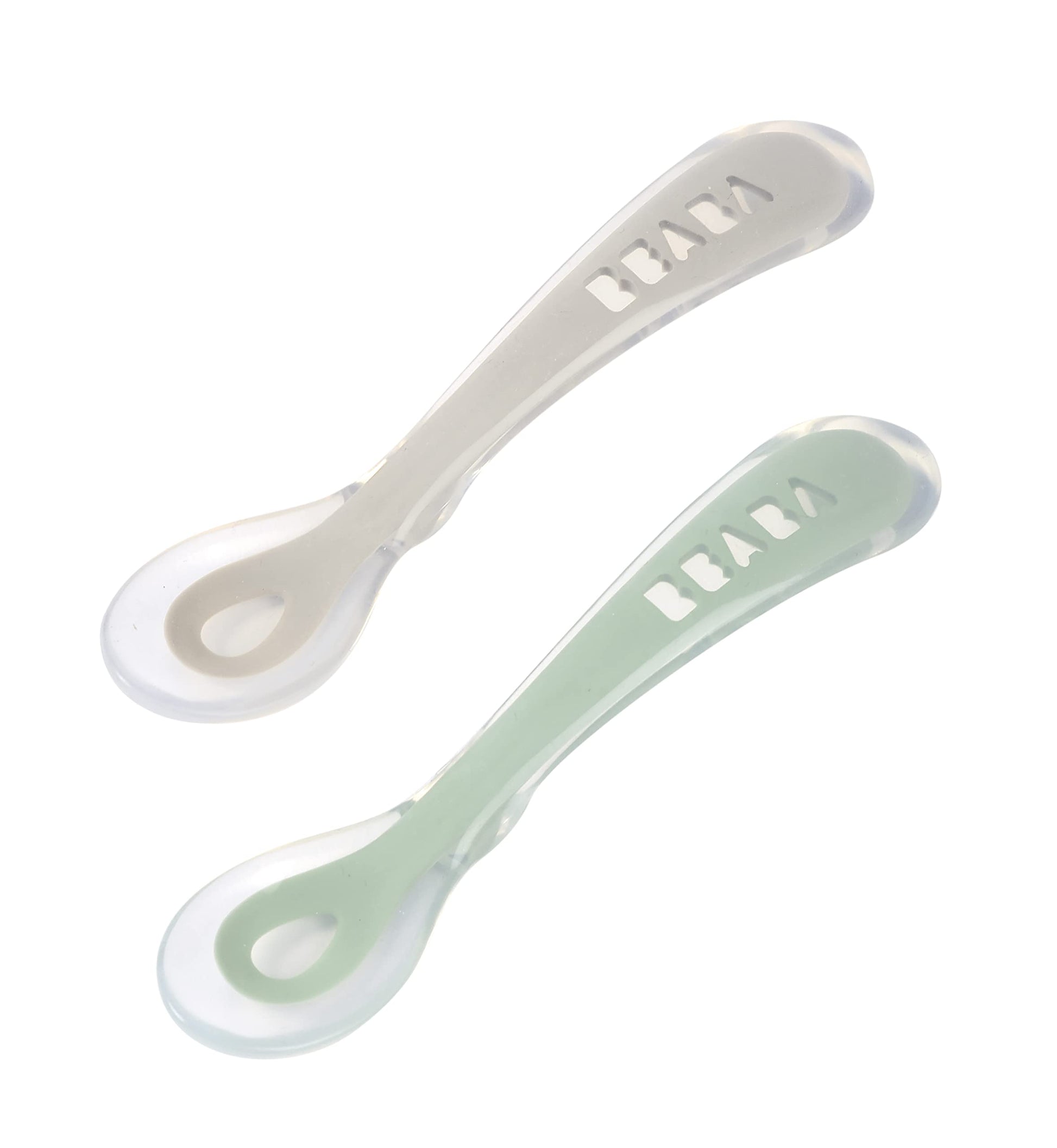 BEABA Cucharas de silicona de segunda etapa para bebés que se alimentan solos, las cucharas de silicona de punta blanda originales, sin ftalato de plomo BPA ni plástico, gran juego de regalo (paquete de 4) (salvia)