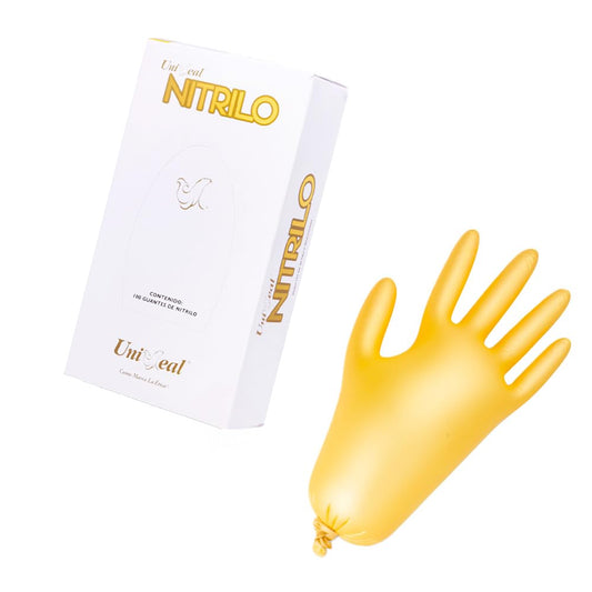 Guante de nitrilo acabado metálico ambidiestro, ajuste perfecto y hergonómico, flexible y cómodo UNISEAL caja con 100 piezas (Dorado, Mediano)