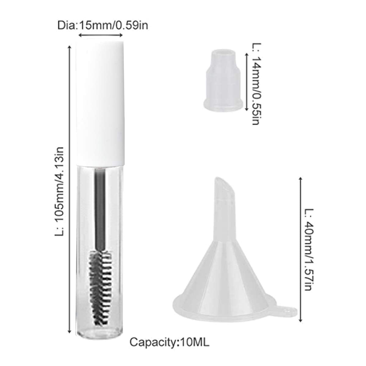 GTHER - Juego de 10 botellas vacías de 10 ml con varita de pestañas e insertos de goma y embudos para aceite de ricino/aceite de crecimiento de pestañas, contenedor de crema de pestañas con tapa, color blanco mate
