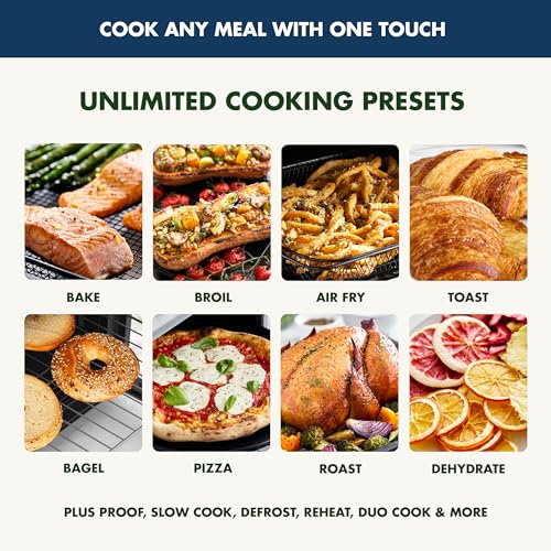 GreenPan Elite - Horno de convección para freír, 13 ajustes preestablecidos fáciles de usar, interior antiadherente sin PFAS, estantes ajustables, charola para hornear, bandeja para pizza, cesta,