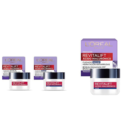 L'Oreal Paris Kit revitalift cuidado facial: crema de dia y crema de noche + Crema hidratante anti-líneas de expresion Revitalift Ácido Hialurónico Noche de L'Oréal Paris, 50 ml