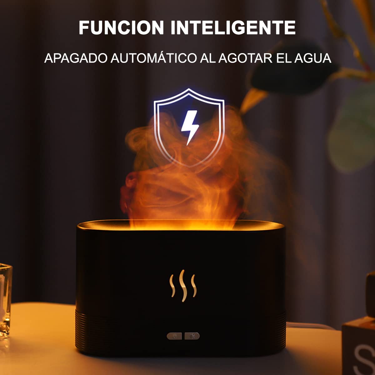 INGEQUIS Difusor de Lámpara Nocturna con Forma de Llamas, 2 Modos de Brillos Ajustables, Humidificación Silenciosa de 180ml, Lámpara Nocturna Decorativa (Negro-Cálido)