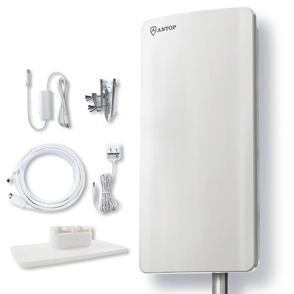 Antena HDTV de Panel Plano ANTOP AT-400B Blanca con SmartPass y Rango de 80 Millas para Exteriores e Interiores