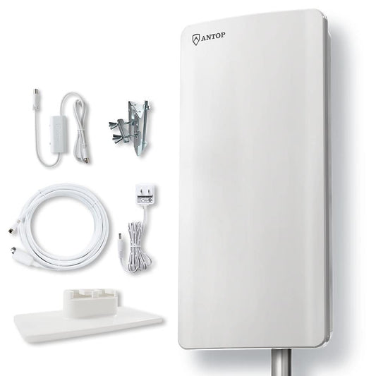 Antena HDTV de Panel Plano ANTOP AT-400B Blanca con SmartPass y Rango de 80 Millas para Exteriores e Interiores