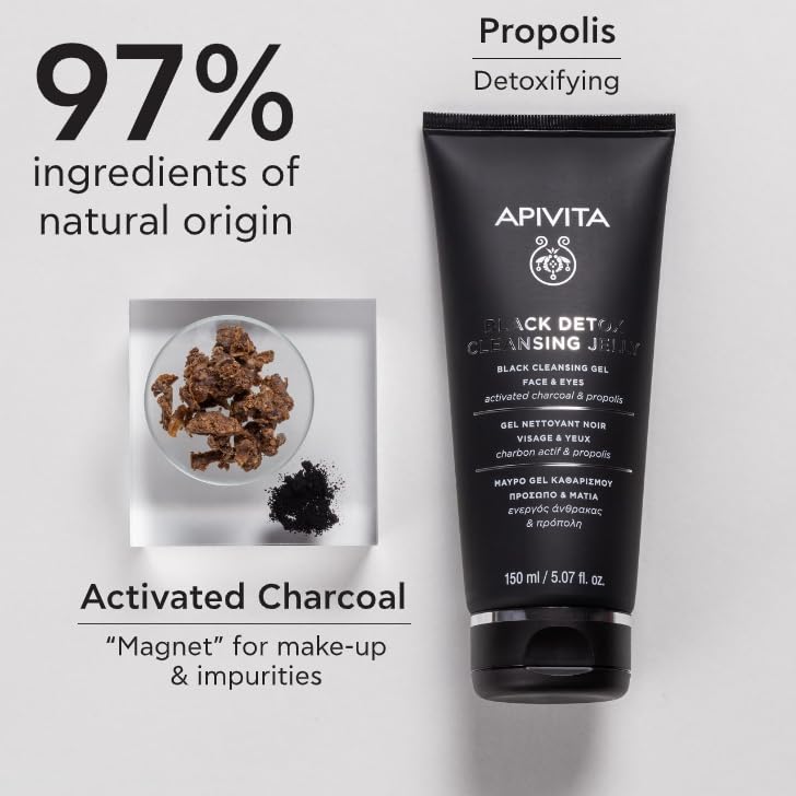 Apivita Gel Limpiador Black Detox 150ml – Rostro y ojos, limpiador facial y desmaquillante - Lavado facial natural con carbón activado y propóleo - Atrae contaminantes como un imán, deja la piel fresca