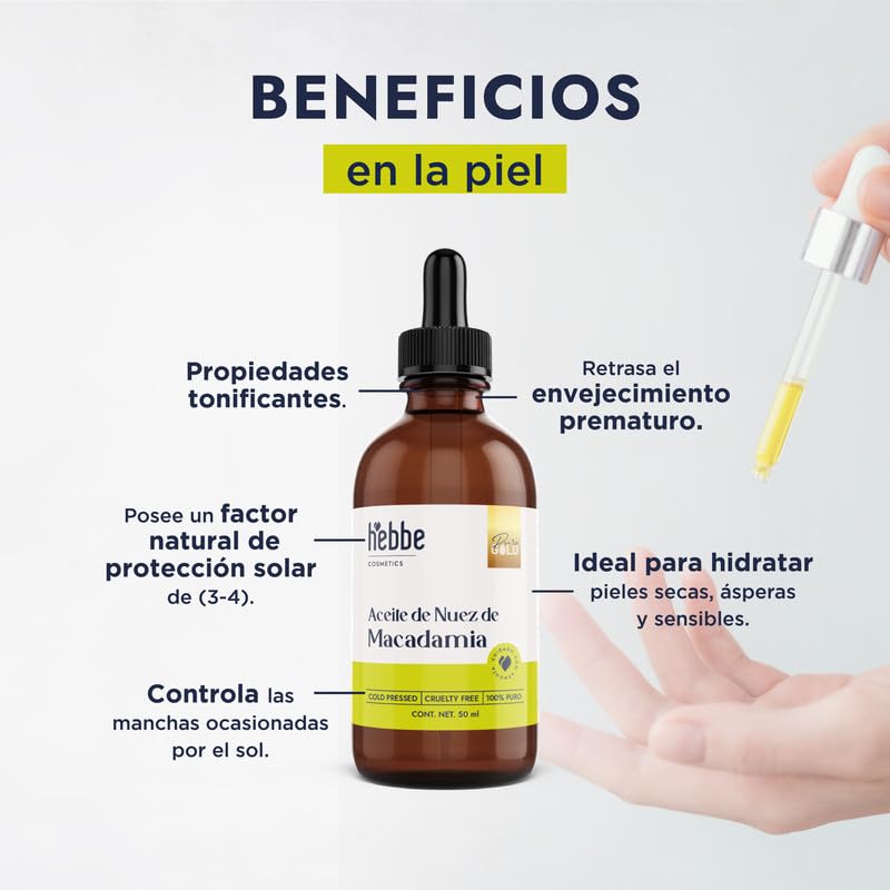 Hebbe Aceite de Nuez de Macadamia 50 ml | Prensado en Frío 100% Puro | Hidratante Piel y Cabello | Textura Ligera sin Grasa | Nutritivo