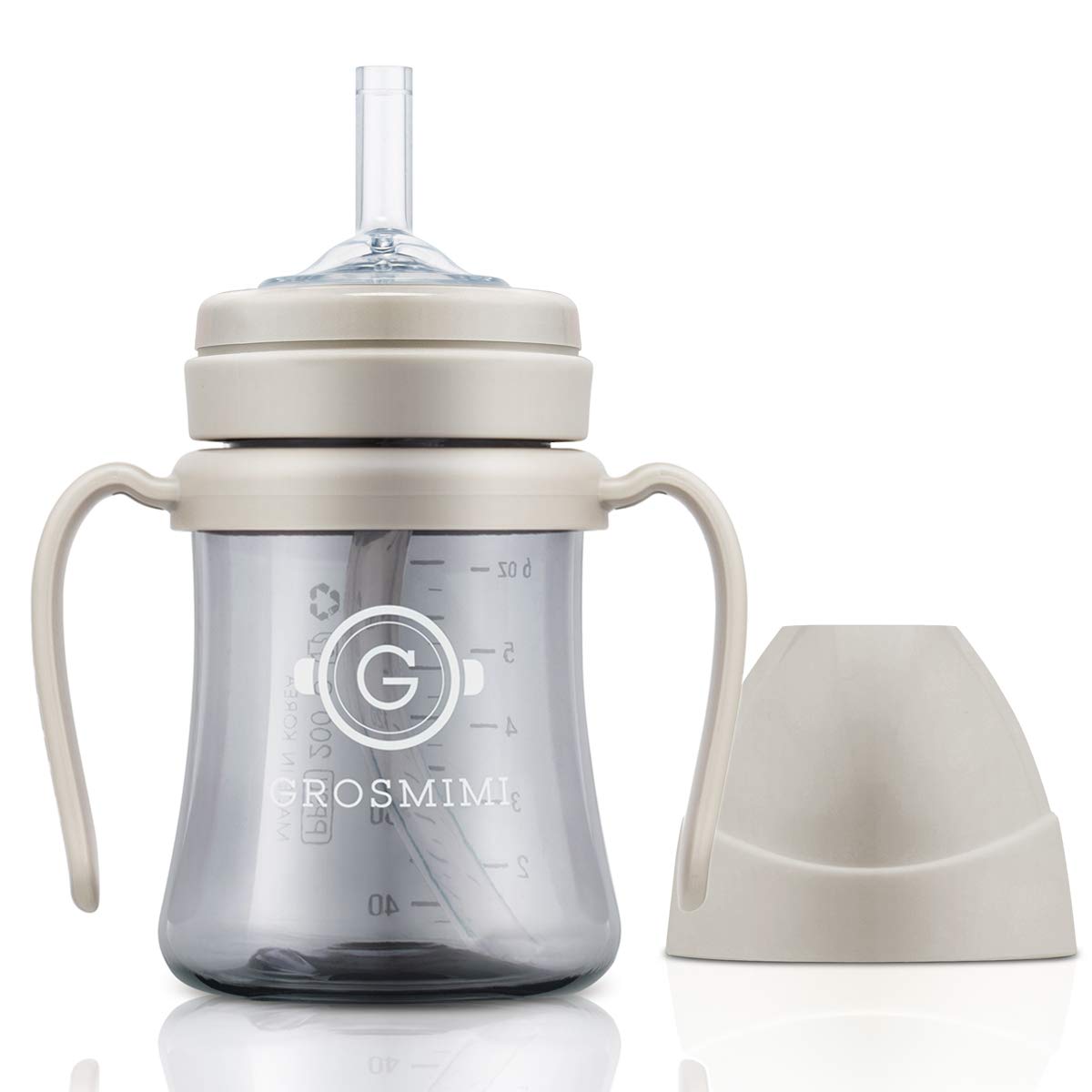 Grosmimi Taza mágica de paja, personalizable, PPSU, última intervensión de BPA (beige, pequeño, 6 oz)