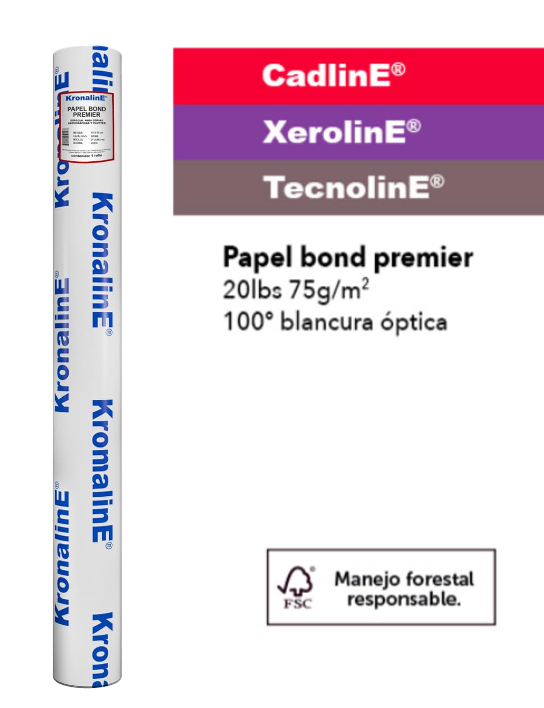 Papel Bond Premier Blanco 20lbs 75g/m2 Óptica 0.91x50m RL
