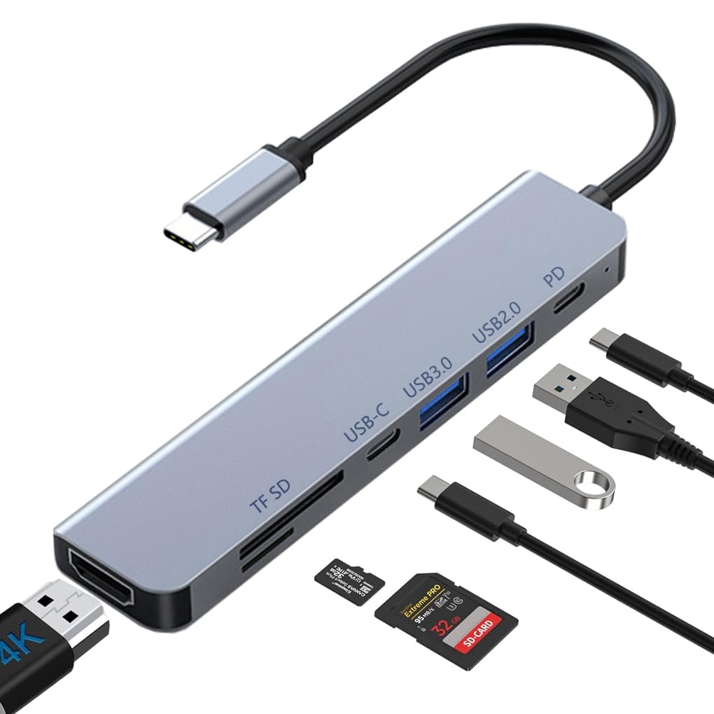 Hub USB C, 7 en 1 Adaptador Tipo C a HDMI 4K, USB 3.0, PD Carga 100W, Lector de Tarjetas SD TF, 5Gbps USB C Datos Puerto Compatible con MacBook Pro Air iPad DELL Switch Steam Deck etc.