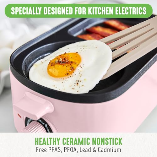 GreenLife - Estación de desayuno 3 en 1, cerámica antiadherente doble plancha para huevos, carne, panqueques y sándwiches + cajón de tostadas de 2 rebanadas, cocina saludable, temporizador, versátil