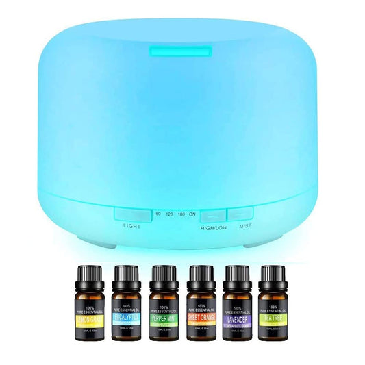 E T EASYTAO | Difusor de Aceite Esencial, con 6 Botellas de Aceites,Hacer Velas Aromaticas Y Jabón, Vapor Silencioso Ajustable, Humidificador Ultrasónico 500ml de 7 Colores para Relajar (con Esencias)