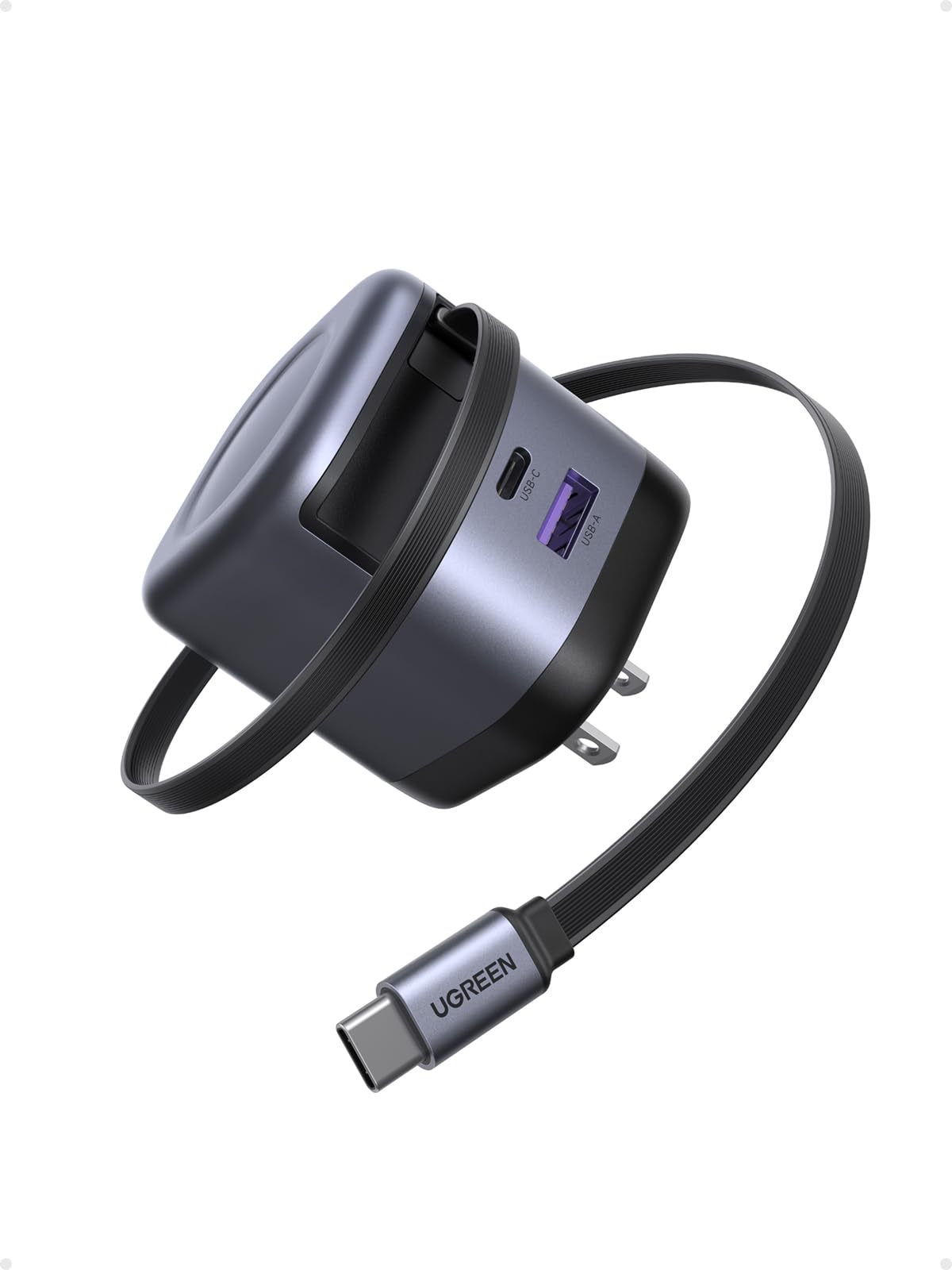 Cargador Portátil UGREEN USB C GAN 45W con Cable Retráctil y Carga Súper Rápida 2.0