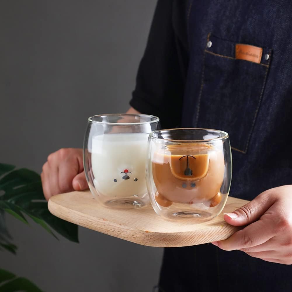 Binoster - Taza con aislamiento de doble pared de vidrio, taza de café, taza de té, taza de leche, regalo para oficina, cumpleaños, uso personal, de Navidad (perro feliz)