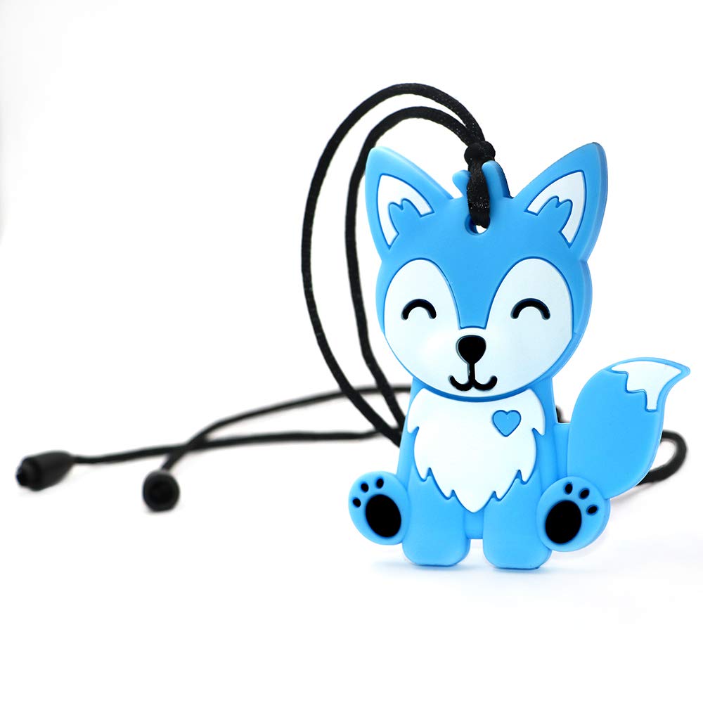 Collares sensoriales para masticar para niños, niños y niñas, paquete de 2 juguetes masticables de silicona de zorro para autismo, TDAH, SPD, juguete masticable de motor oral para adultos, azul y gris