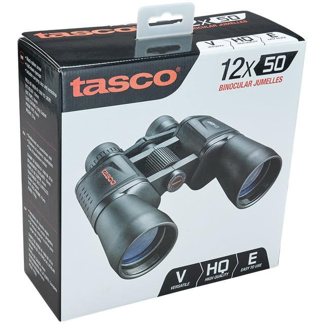 Tasco Binoculares Essential 12x50 mm Porro, Negro, Largo Alance. Prismático Adaptable a Trípode, Cristal BAK-7 Incluye Funda