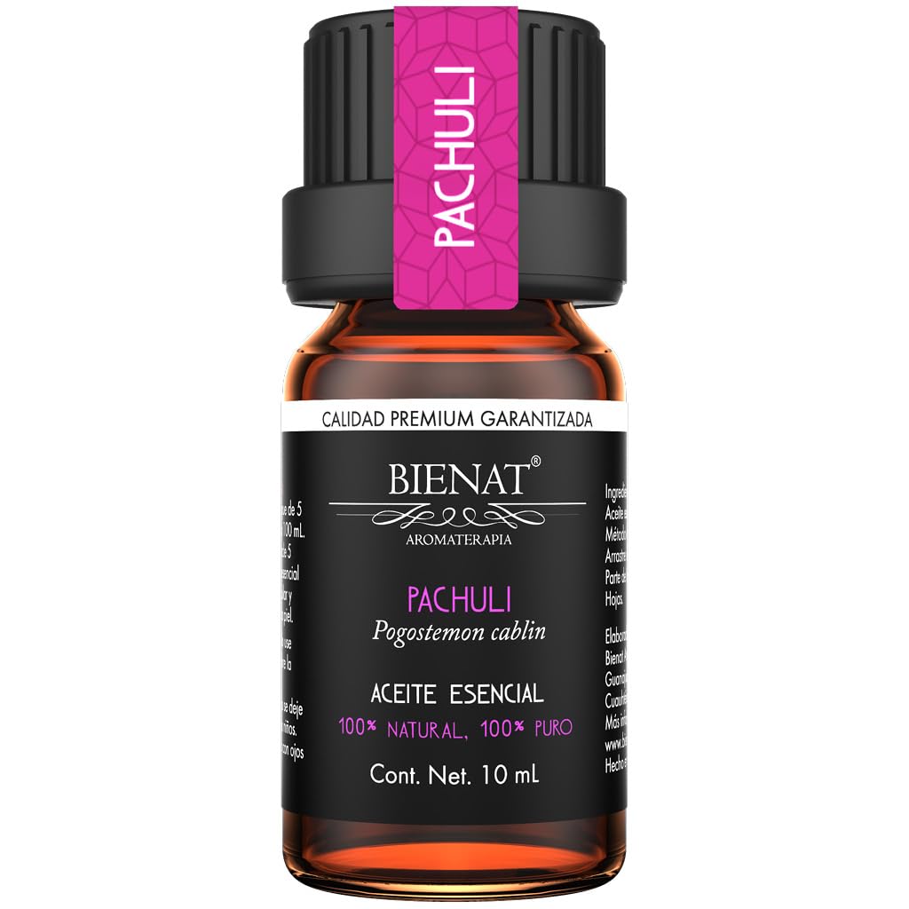 BIENAT AROMATERAPIA Aceite Esencial de Pachuli 10mL | 100% Puro y Concentrado | Ideal para Difusor de Aromas, Humidificador, Aromaterapia, Masajes, Meditación, Jabones y Velas | Esencia Natural en Gotas